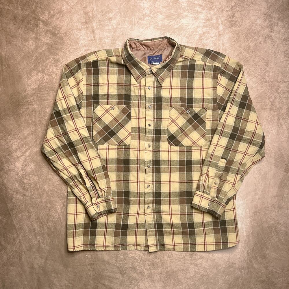 John Blair Vintage Plaid Flannel Shirt Yellow Brown Button Up Long Sleeve Fall
